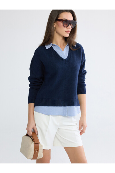 LC Waikiki Trendlucky Women's Striped Collar Sweater with a Difference in Color