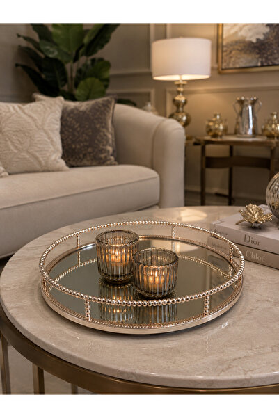 Hinora Round Metal Mirrored Glass Tray Decorative Presentation Tray Gold 35X35X6