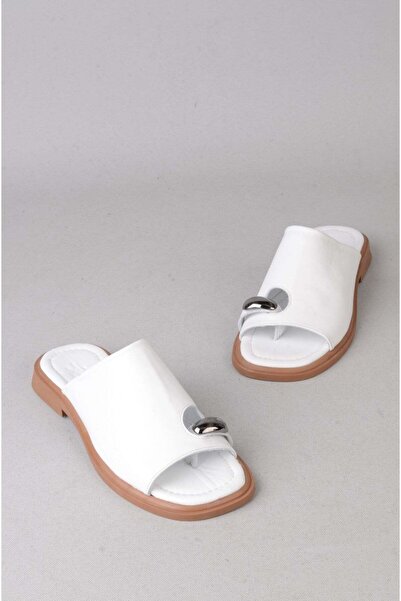 SEÇ KUNDURA Seç 4099 Genuine Leather Women's Flip Flops (Heel Height: 2cm) White