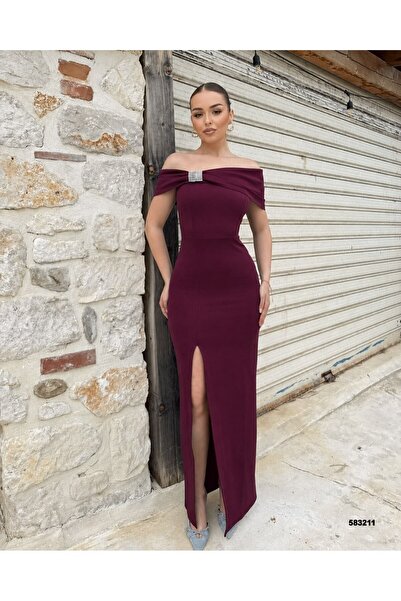 Modafeminen Strapless Collar Stone Detailed Slit Dress Light Purple 583211