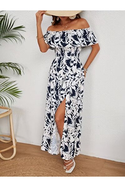 Veraura Lifestyle Women's Off-The-Shoulder Madonna Collar Floral Pattern Slit...