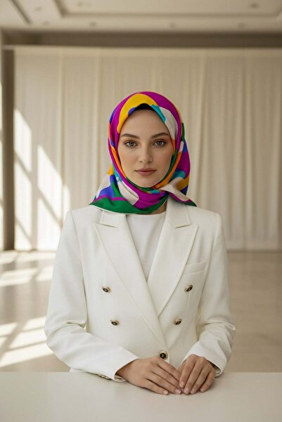 Vissona %100 Twill Renk Bloklu Çizgili Desenli Mor - Turuncu Renkli 90x90 Eşa...