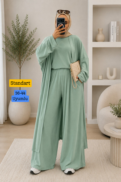 Balenbi Women's Combed Cotton Long Cardigan Blouse Wide Leg Pants Abaya Set 1...
