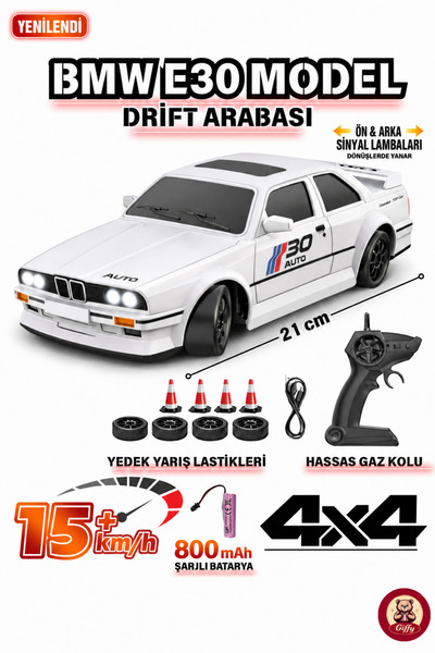 giffy Oyuncak BMW E30 Drift Araba 4x4 Uzaktan Kumandalı Araba 2.4GHz Şarjlı L...