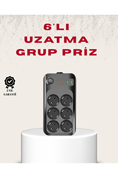 6’lı Grup Priz Termal Korumalı USB Type-C Çoklu Priz 2 Metre Kablo
