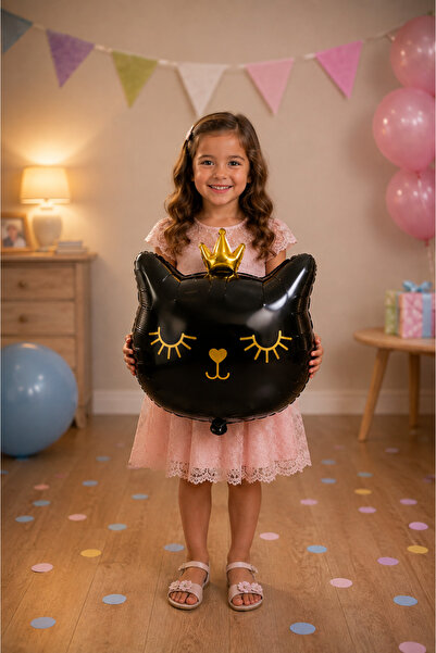 Baloncu Nene Black Cat Crowned Foil Balloon 56 cm Cute Party Balloon with Gol...