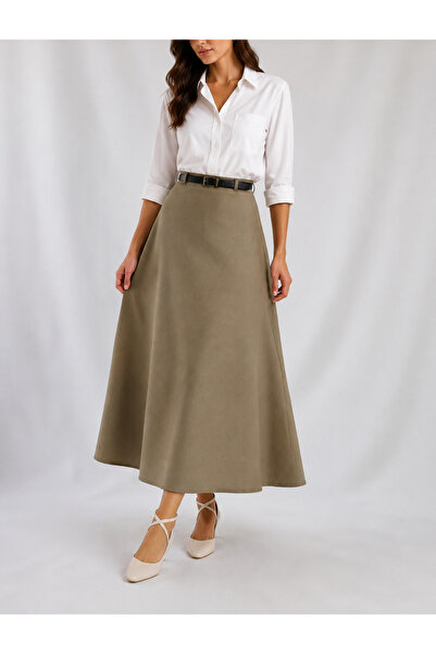 YAXİ Belt Detail Maxi Size Loose Khaki Woven Skirt
