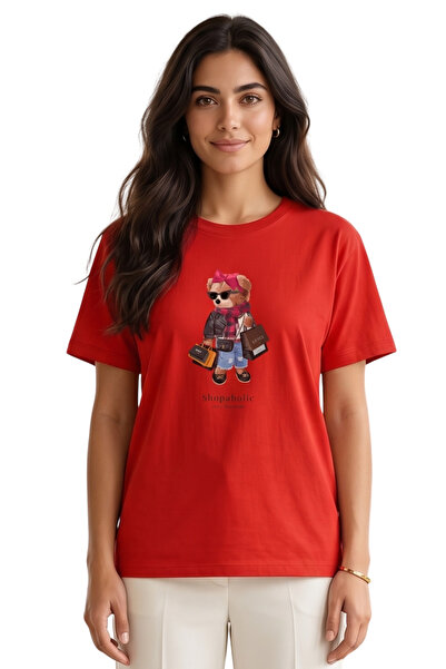 DK DAKSEL Γυναικείο μπλουζάκι Teddy Bear με τύπωμα Κόκκινο Χρώμα oversized