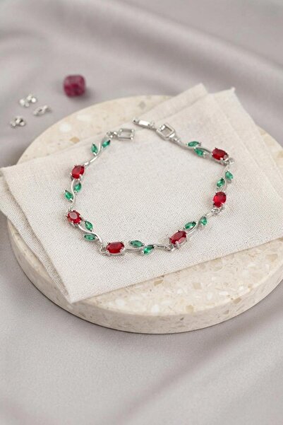 Clariss Brass Silver Color Red Zircon Stone Flower Model Women's Bracelet