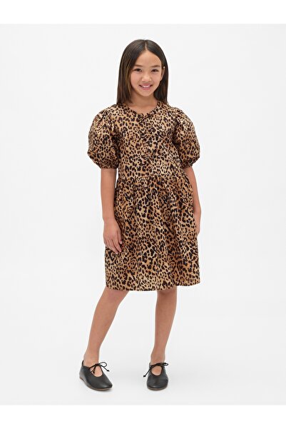 GAP Kız Çocuk Kahverengi Poplin Puff-Sleeve Leopar Desenli Elbise