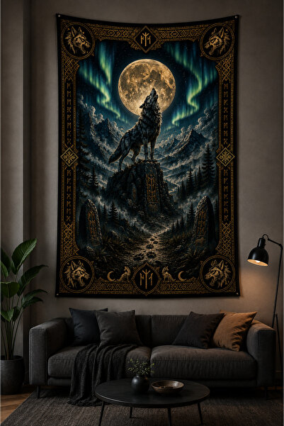 Vagonik Call of the Wolf Turkish Themed Wall Covering Thick Fabric Wall Tapestry
