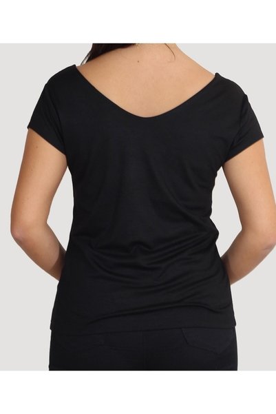 SİSTERS2HC Front Back V-Neck Double Layer Black Viscose Mercerized T-shirt