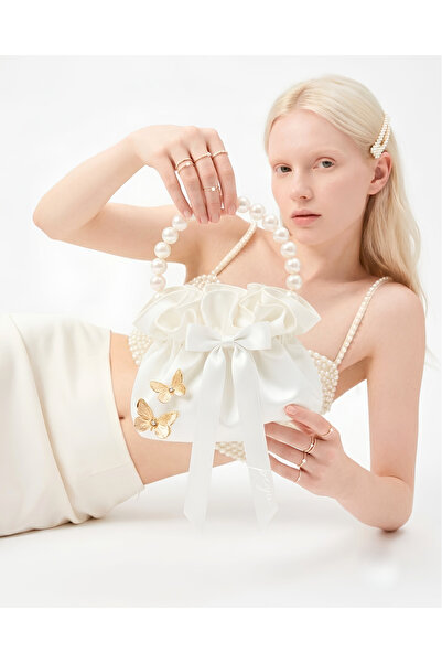 pegu baby collection White Cotton Satin Bag, with Crystal Glass Stone Decorat...