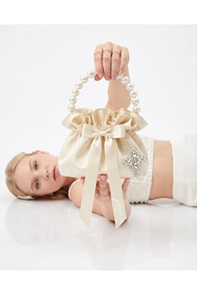 pegu baby collection Geantă din satin de bumbac ECRU, cu mâner din perle, dec...