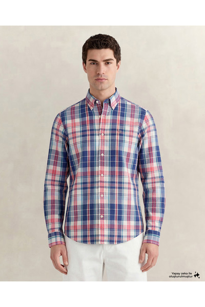 Gant Erkek Mavi Regular Fit Kareli Logolu Gömlek