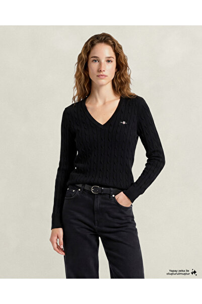 Gant Kadın Siyah Slim Fit V Yaka Kazak