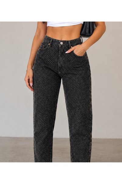 SHEVEGA Mamaliga Kadın Kahverengi Taş Detaylı Boyfriend Mom Jeans Kot Pantolon