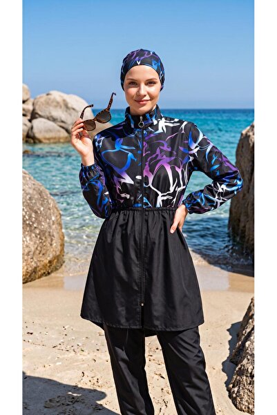 Lina&Noor Full Covered Hijab Swimsuit Set Purple Blue Patterned |   Zippered ...