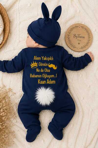 BY TUNA DESİGN Babalar Gününe Özel Lacivert, Erkek Bebek Isimli Tavşan Tulum ...