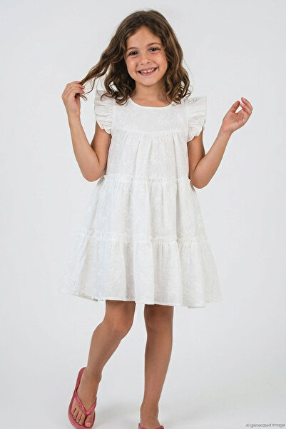 Breeze Rochie pentru fete, cu dantelă și broderie florală, 3-8 ani, Ecru