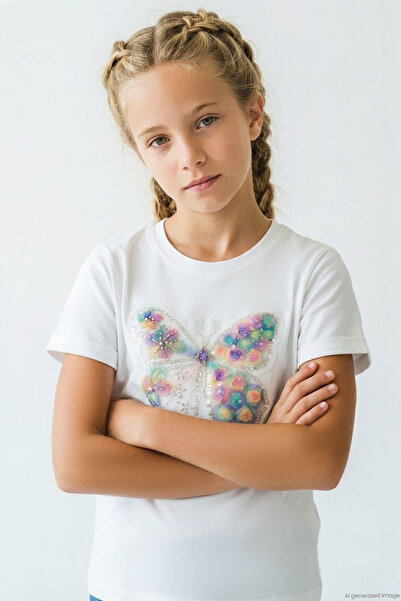 Breeze Girl's T-Shirt with Butterfly Embroidery, Tulle and Sequins, Ages 5-10...