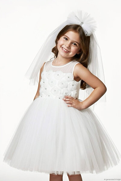 MONİTA Girl's Evening Dress with Bow Detail on the Back, Stoned Tulle, Ages 4...