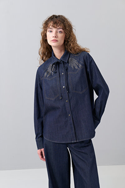 Roman Yakası Bağlama Detaylı Denim Gömlek Lacivert K2513525_015