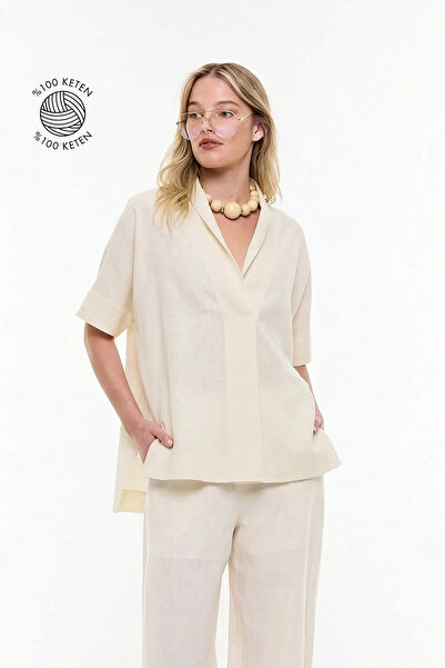Roman Şal Yaka Oversize Bluz Bej YY013023_024