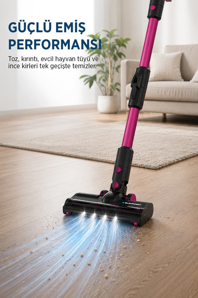 Blaupunkt Vacumaster A16 Şarjlı Kablosuz Dikey Süpürge 160W 12 kPa HEPA 13 Filtre LED Turbo Başlık Fuşya