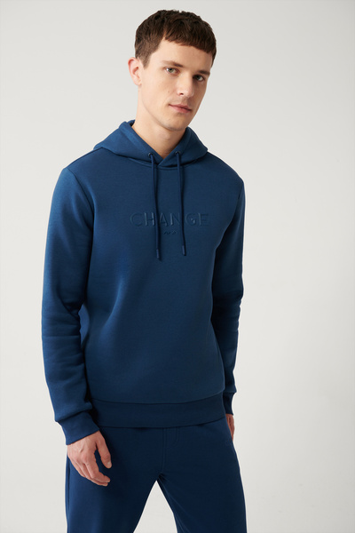 Avva Men's Indigo Hooded 3 Thread Raised Printed Sweatshirt A32Y1240
