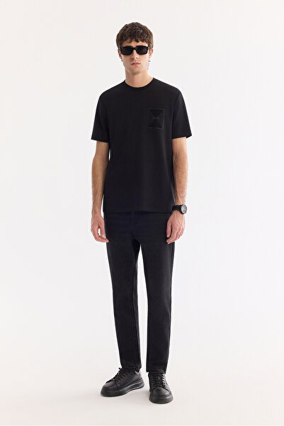 Avva Men's Black Stone Washed Cotton Elastane Madrid Comfort Slim Fit Jean Tr...