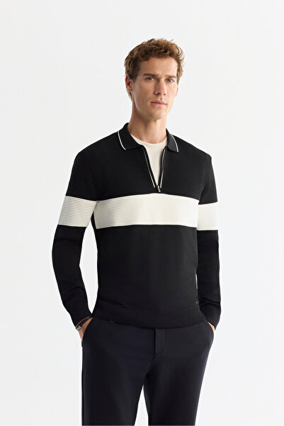Avva Men's Black Zippered Polo Neck Color Block Knitwear Regular Fit Sweater ...
