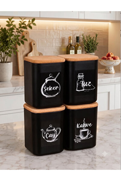 Minya Home 4'lü Siyah 900 ml Saklama Kabı Seti Çay Şeker Kahve Tuz Etiketli A...