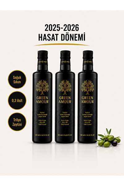 Green Amour 3 Adet 500ml Yeni Hasat Soğuk Sıkım 0,3 Asit Naturel Sızma Zeytin...