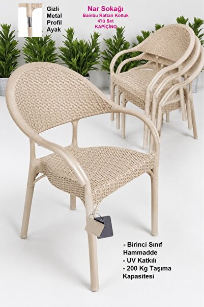 nar sokağı 4 Adet Bambu Rattan Kollu Sandalye Koltuk 4'lü Set