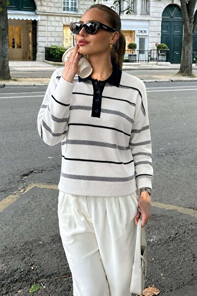 Madmext Bone Color Striped Polo Neck Women's Sweater Mg2476