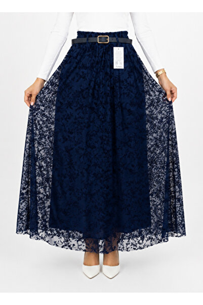 Livaa Flocked Printed Skirt with Inner Lining and Belt