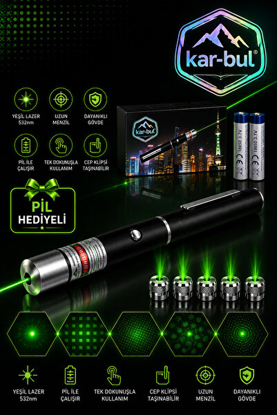kar-bul Green Yeşil Kalem Tipi Lazer Pointer 5 Başlıklı Lazer