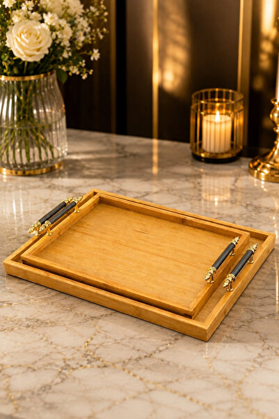 YzHome 2-Piece Luxury Bamboo Tray with Handles Presentation Serving Decoratio...