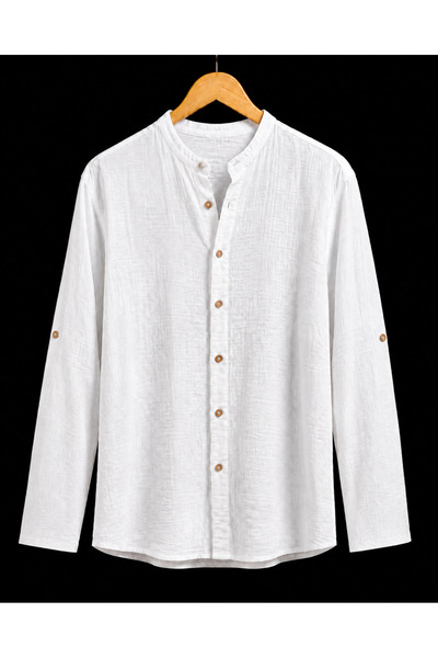 TECHTACT 100% Cotton Muslin Shirt, High Collar Foldable Sleeves Comfortable F...