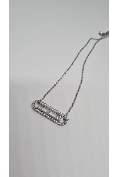 stainles steel Çelik Silver Taşlı Dikdörtgen Form Kolye