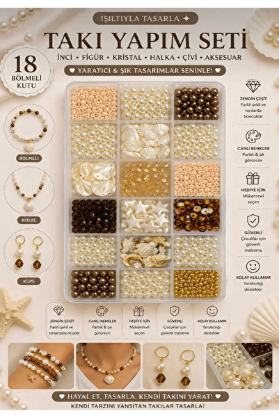 By MO Accessories 18 Bölmeli İnci & Boncuk Seti | Mocha Ton Şık Tasarım | Tak...