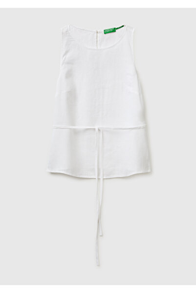 United Colors of Benetton Women's white 100% linen tie back button sleeveless...