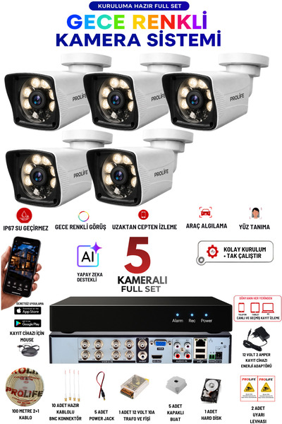 PROLİFE 5 Kameralı 5 MP Full HD Gece Renkli Yüz ve Araç Algılamalı Kuruluma H...