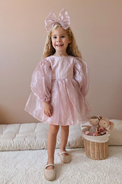 Le Mabelle Μακρυμάνικο Organza Girls' Party Dress - Φασκόμηλο