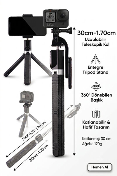 Miomi Tripod Uzaktan Kumandalı 170 Cm Tripod Ve Selfie Çubuğu Telefon, Kamera...