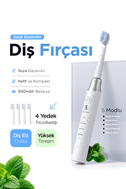EN SİGA Şarjlı Elektrikli Diş Fırçası 5 Mod 4 Başlık Type-C Hızlı Şarj 500mAh...