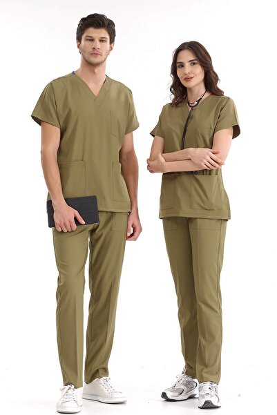 ÇİZGİ MEDİKAL Khaki Luxury Lycra Grey Bottom Top Suit Doctor Nurse Uniform