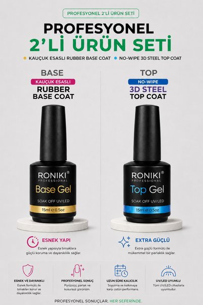 RONIKI Rubber Base + 3D Steel No-Wipe Top Coat Set 15 ml – Extra Güçlü & Ultr...