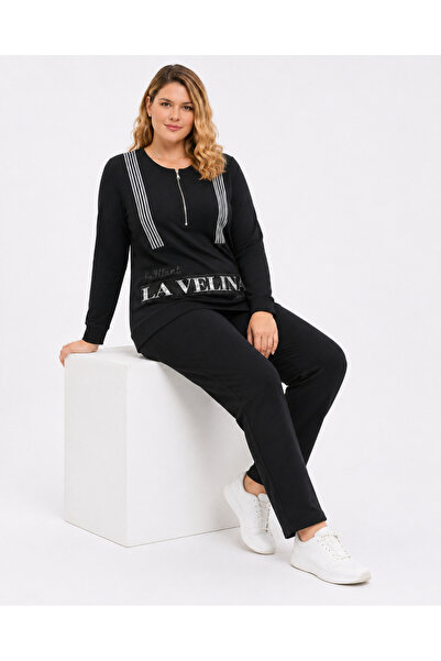Şans Women's Plus Size Black, Stone Detailed Printed, Half Placket Zipper Clo...